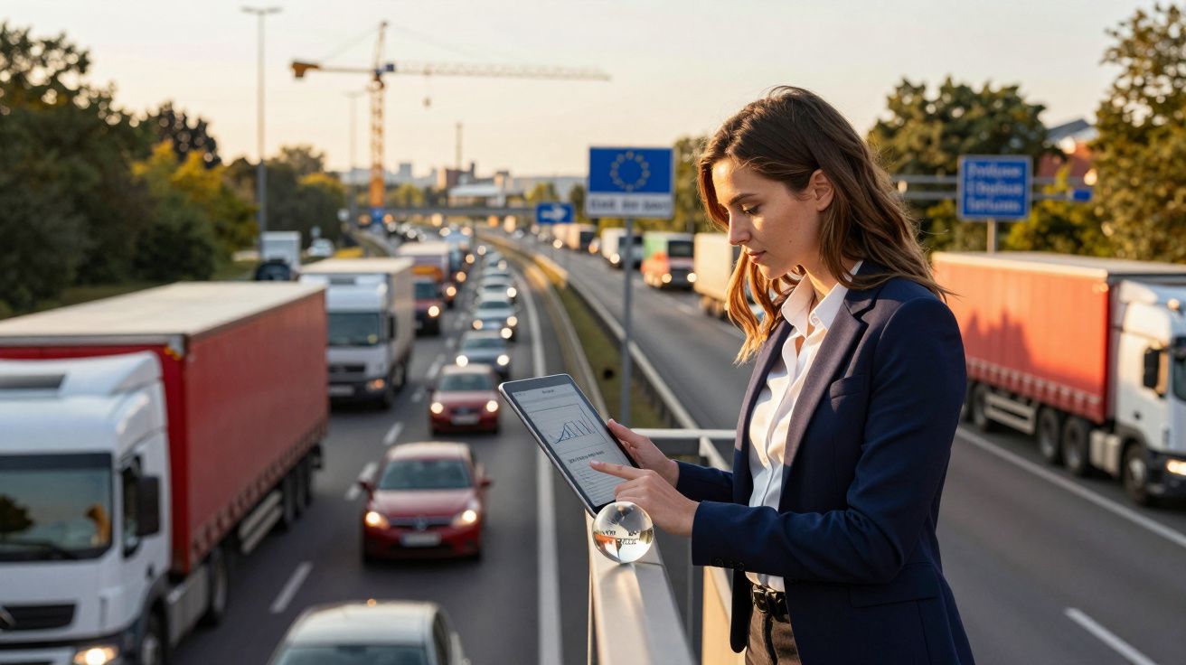 Mulher de negócios a analisar gráficos num tablet numa ponte sobre autoestrada com trânsito intenso ao pôr do sol.