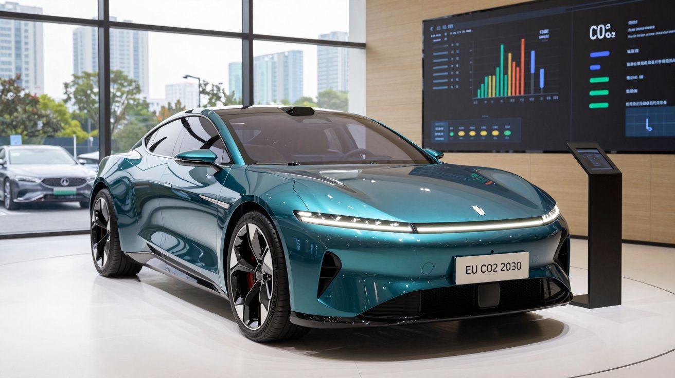 Carro desportivo eléctrico verde metálico exposto em salão com gráficos ambientais no ecrã ao fundo.