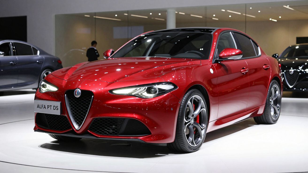 Automóvel desportivo Alfa Romeo vermelho exposto em salão automóvel com fundo moderno.