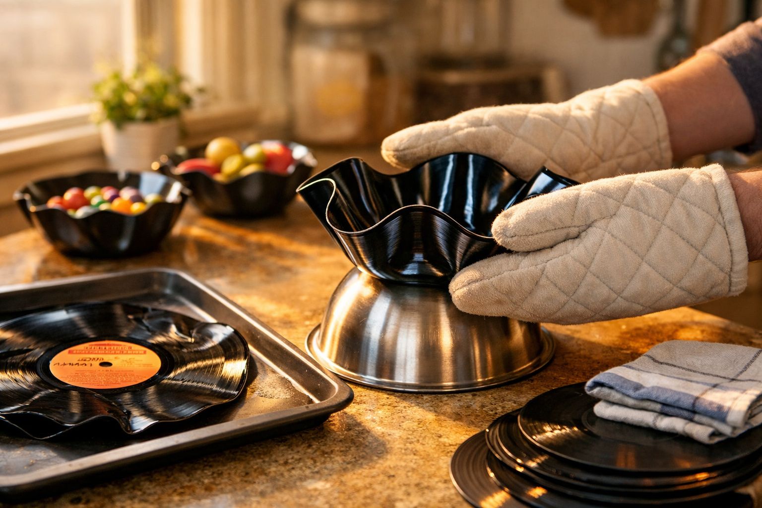 Pessoa com luvas térmicas a moldar um disco de vinil derretido para criar uma taça numa cozinha.