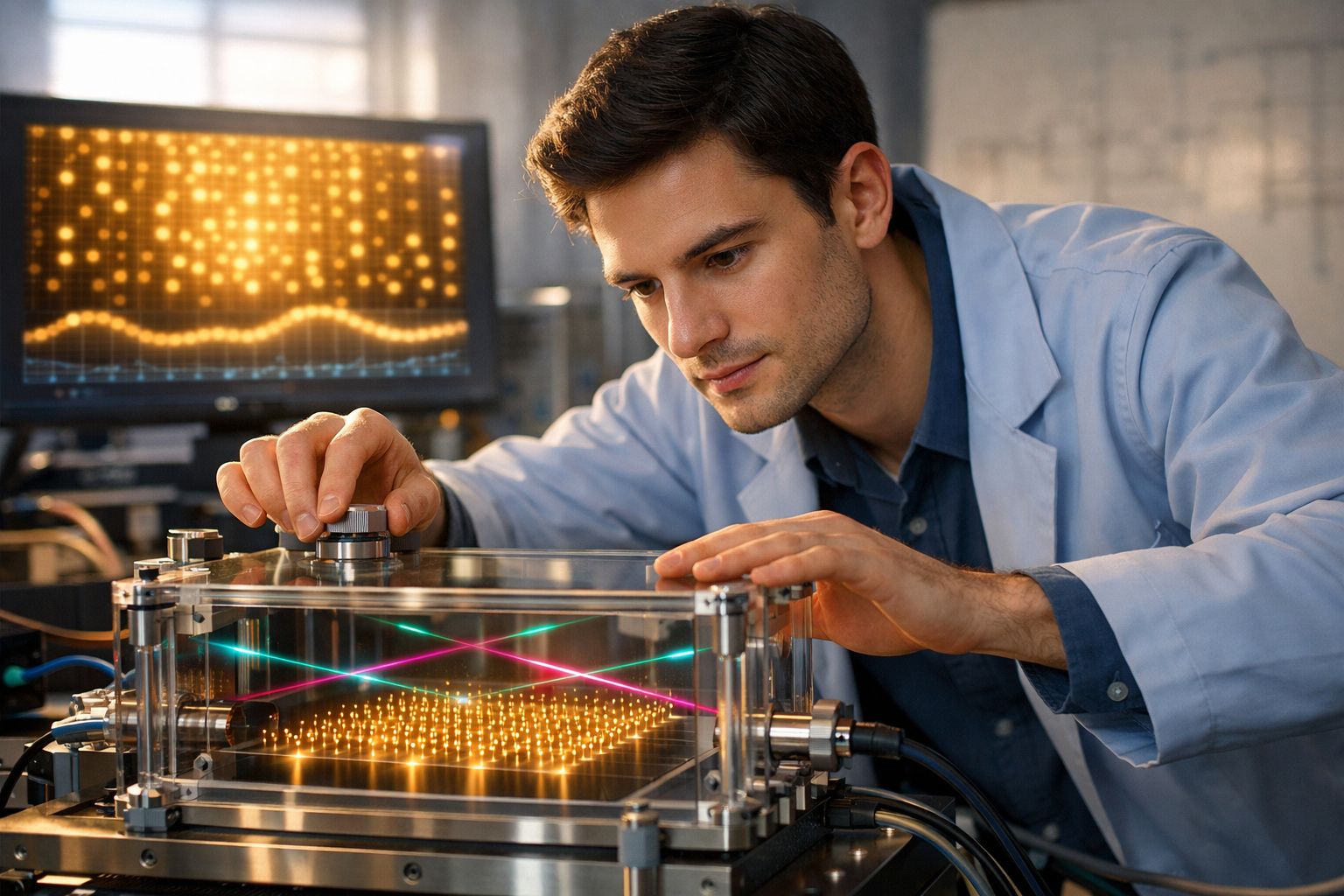 Homem com bata branca ajusta equipamento tecnológico com lasers coloridos e luzes num laboratório avançado.