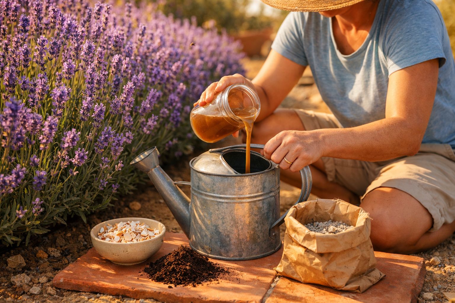 Pessoa a verter líquido castanho para regador metálico junto a flores de lavanda e materiais de jardinagem.