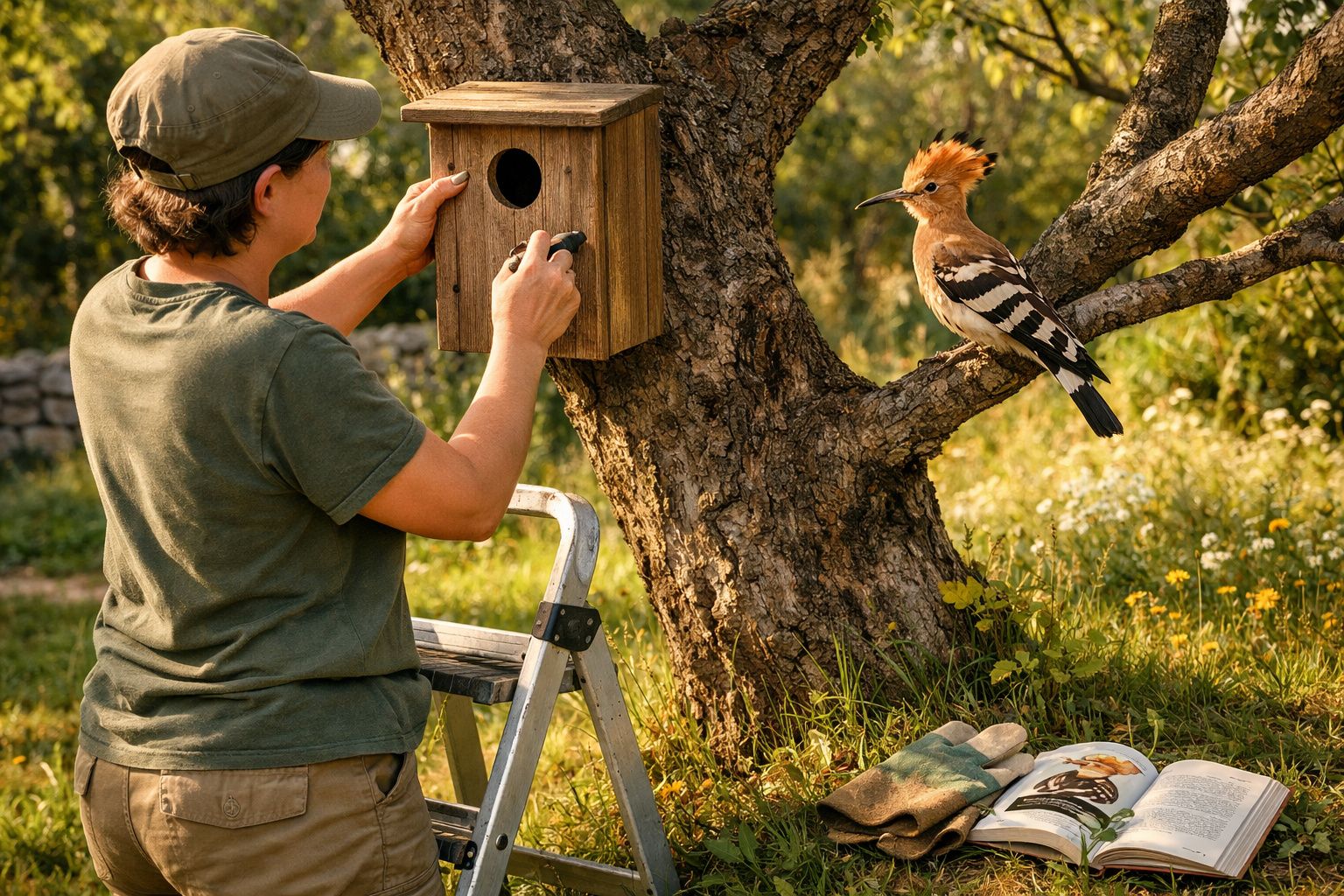 Pessoa a instalar caixa-ninho numa árvore, com uma poupa pousada num ramo próximo, em ambiente campestre.