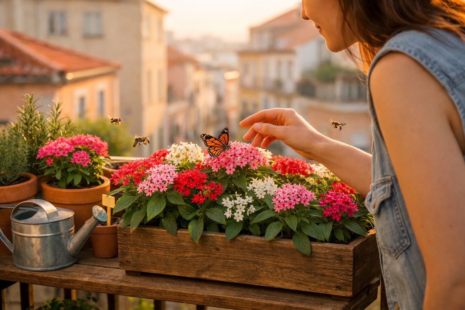 Pessoa a tocar numa borboleta numa varanda com flores coloridas e abelhas ao fim da tarde.