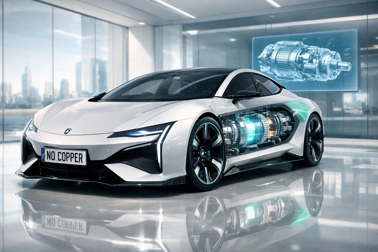 Carro desportivo elétrico branco com visualização digital do motor e tecnologia avançada num showroom moderno.