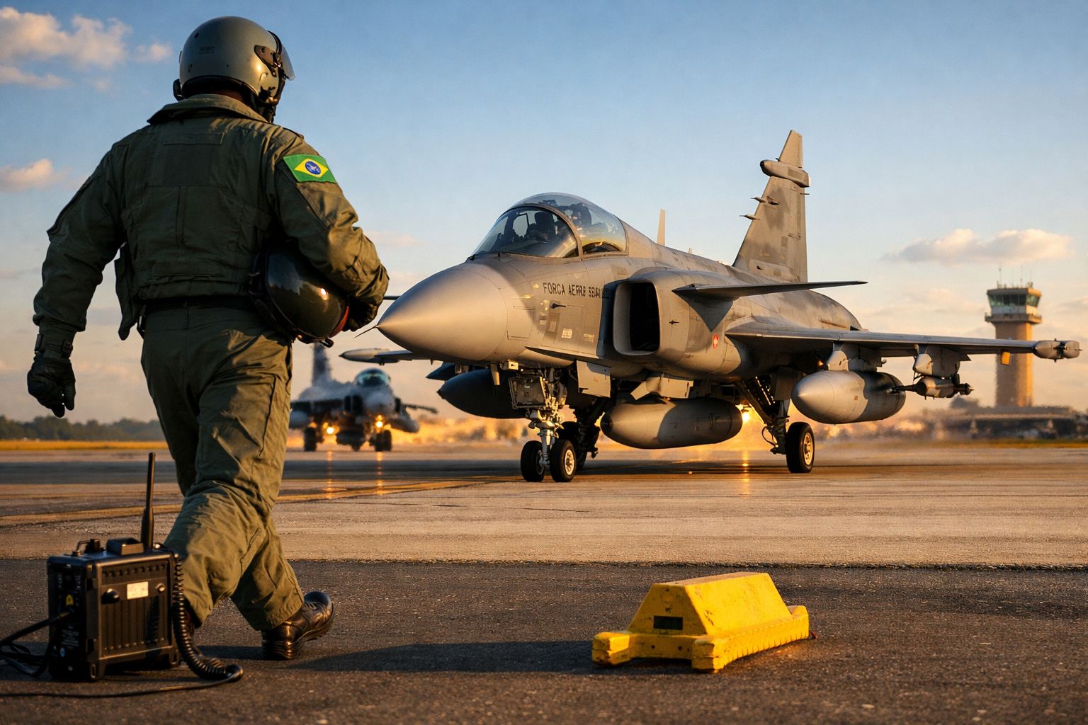 Piloto brasileiro caminha para caça Gripen estacionado na pista durante pôr do sol num aeroporto militar.