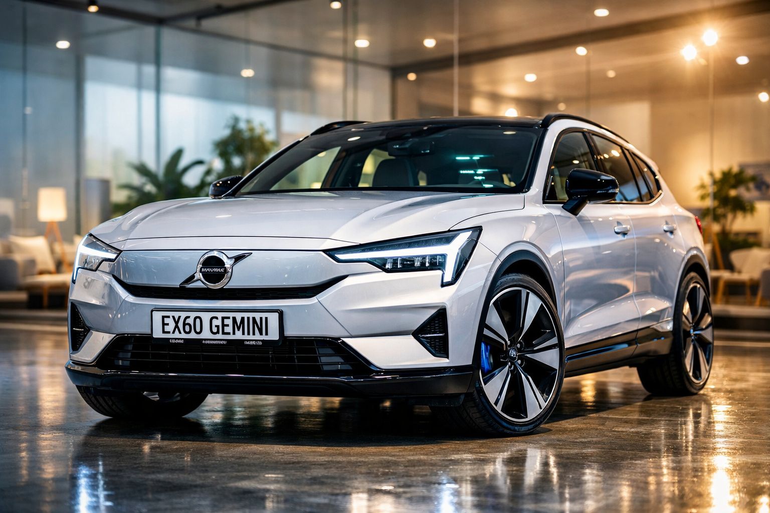 Carro elétrico Volvo branco estacionado num piso interior brilhante e moderno.