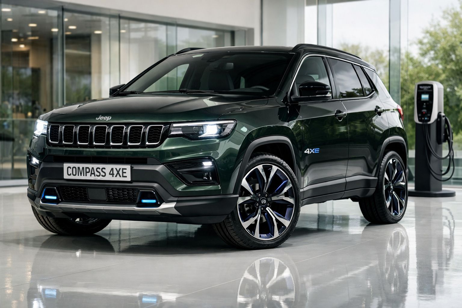 Carro elétrico Jeep Compass 4XE verde escuro estacionado em espaço interior com posto de carregamento.