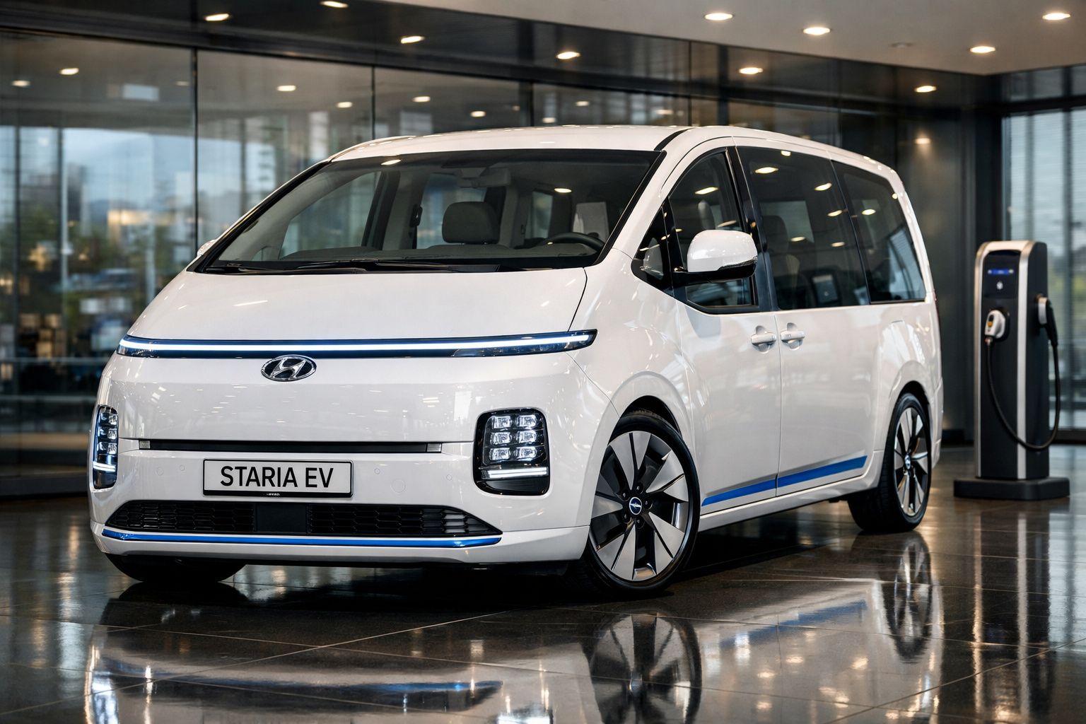 Carro elétrico Hyundai Staria EV branco estacionado junto a posto de carregamento numa sala moderna.