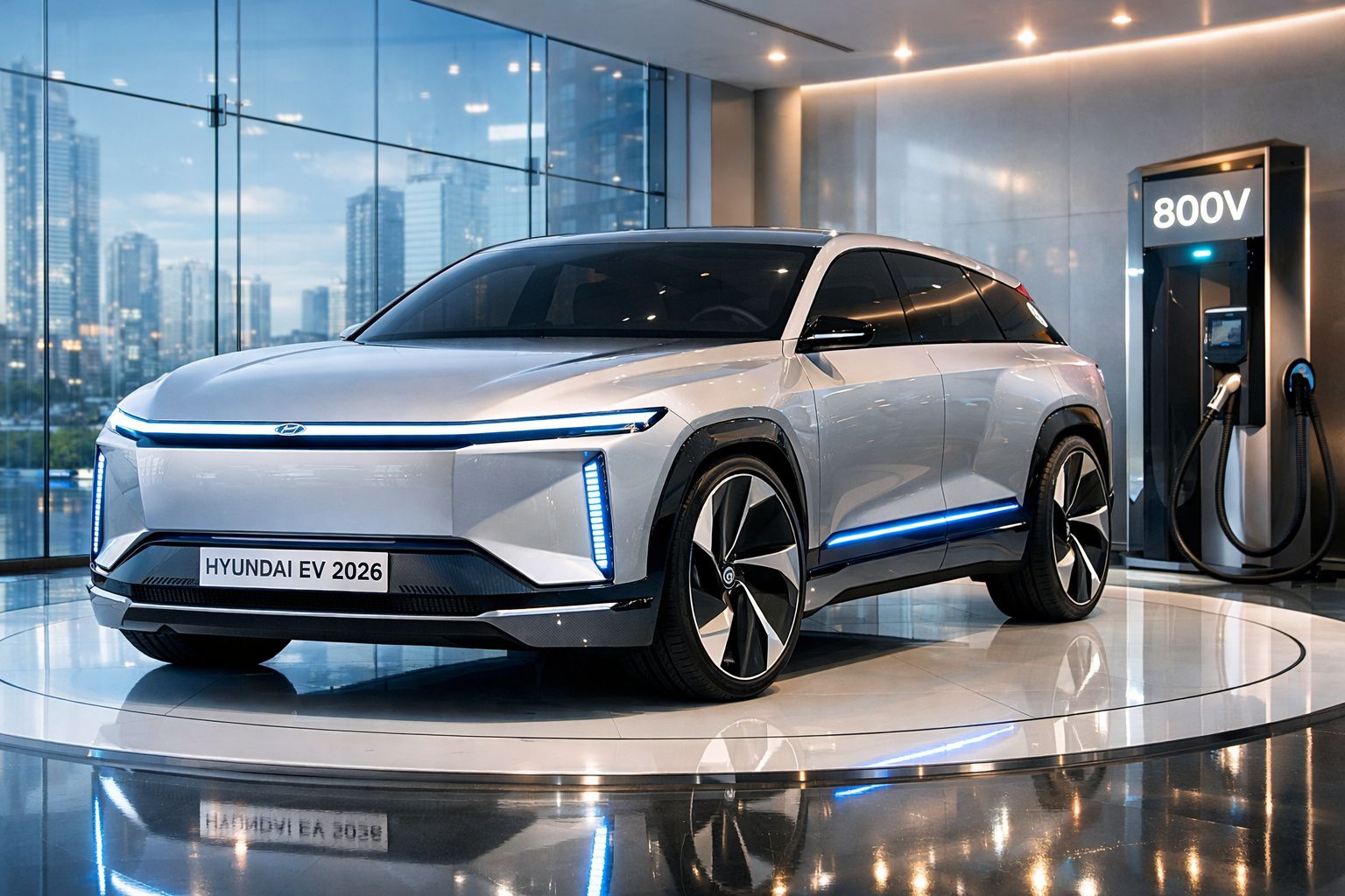Carro elétrico Hyundai EV 2026 prateado a carregar numa estação 800V em ambiente interior moderno.
