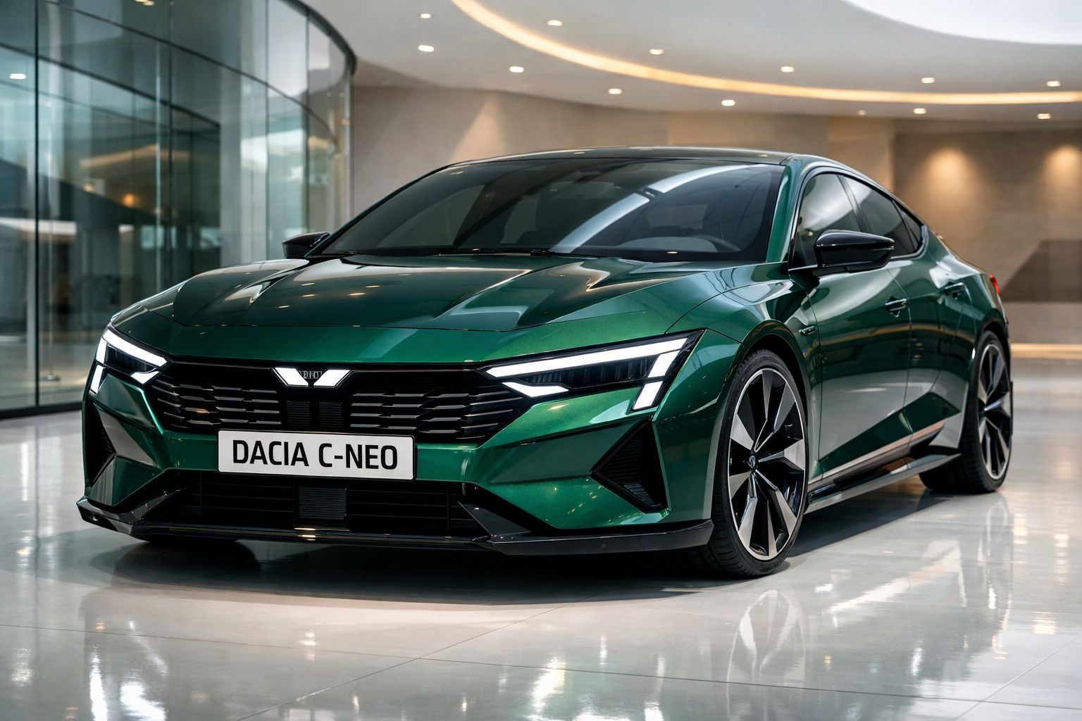 Carro desportivo verde Dacia C-NEO estacionado em interior moderno com iluminação suave.