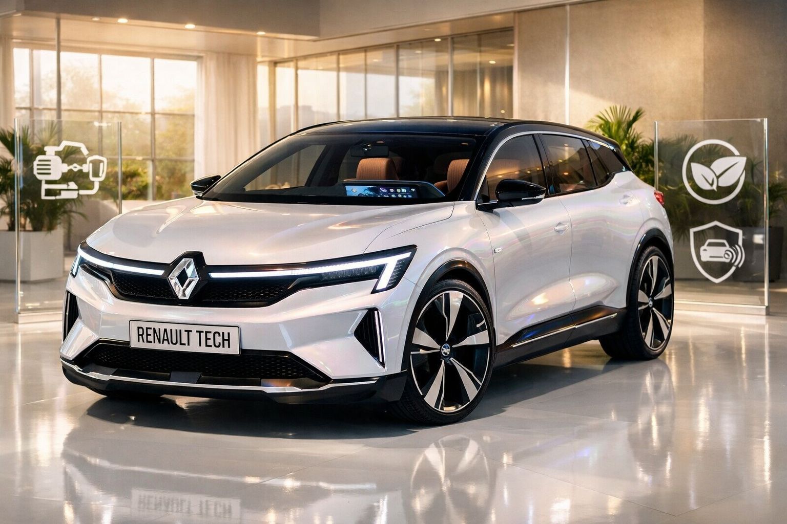 Carro elétrico Renault branco estacionado em ambiente interno moderno com ícones de tecnologia ao redor.
