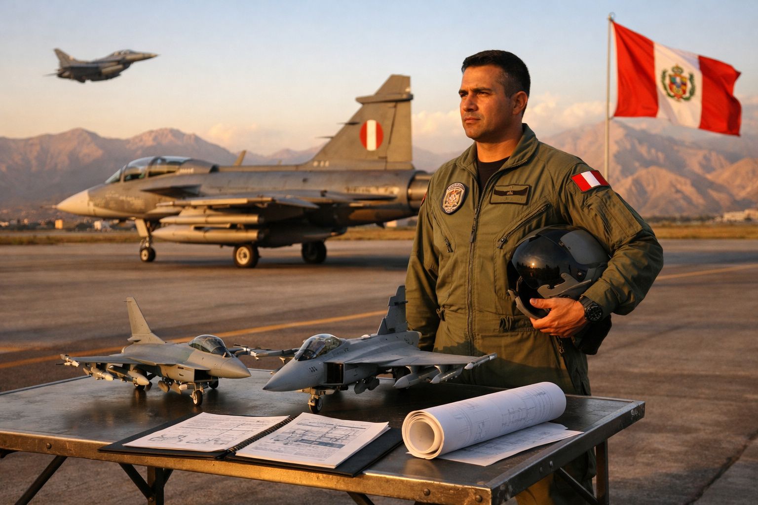Piloto militar peruano em pista com aviões de caça, modelos em mesa e bandeira do Peru ao fundo.