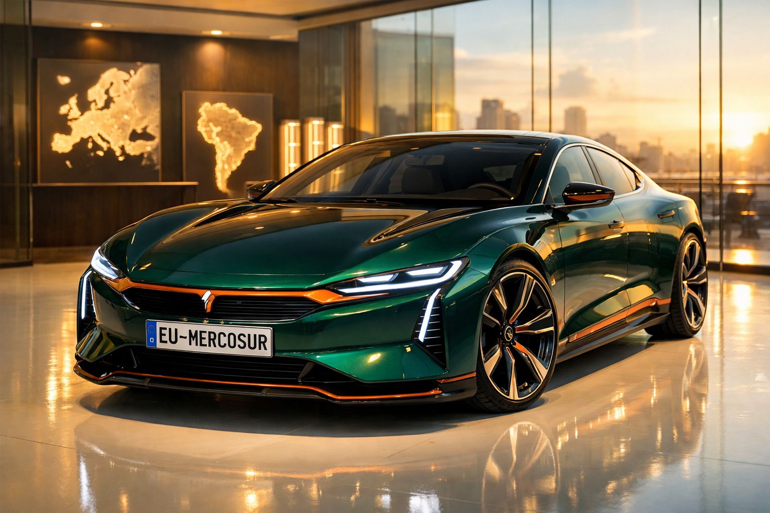 Carro desportivo elétrico verde metálico estacionado num interior moderno com mapas iluminados na parede.