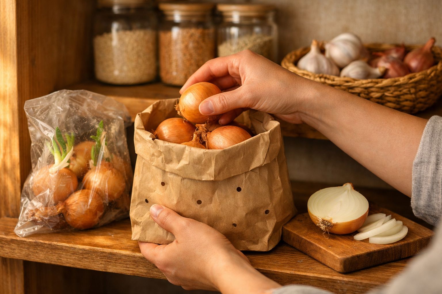 Mãos guardam cebolas em saco de papel perfurado, com cebolas cortadas e outros alimentos ao fundo.