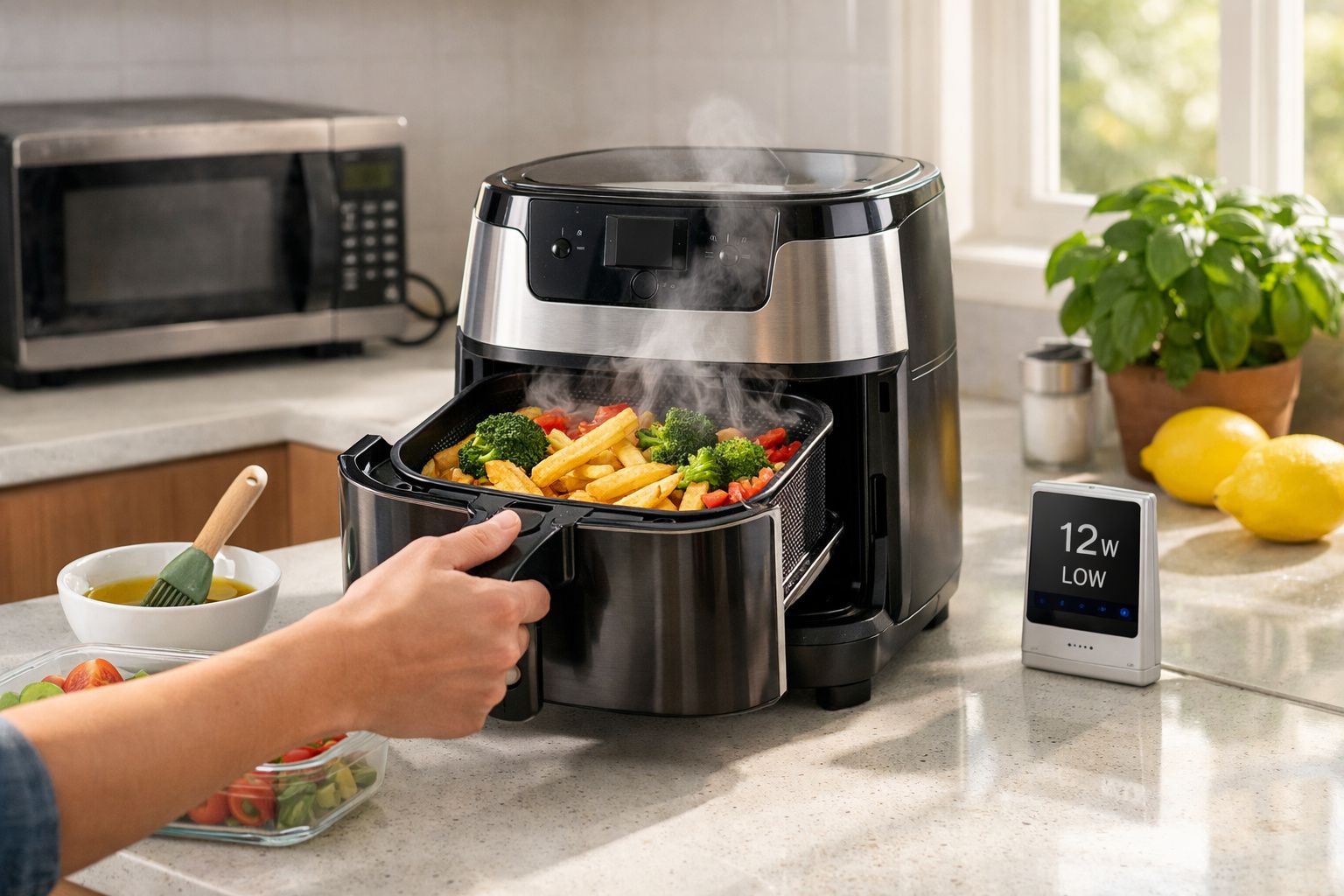 Pessoa a retirar comida quente de uma fritadeira elétrica de ar numa cozinha moderna.