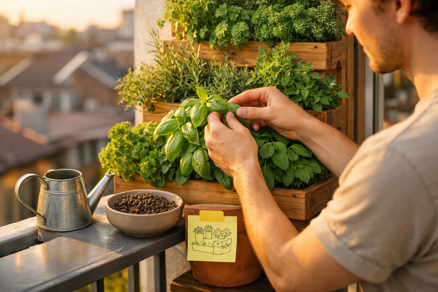 Pessoa a cuidar de ervas aromáticas num jardim vertical num terraço urbano ao pôr do sol.