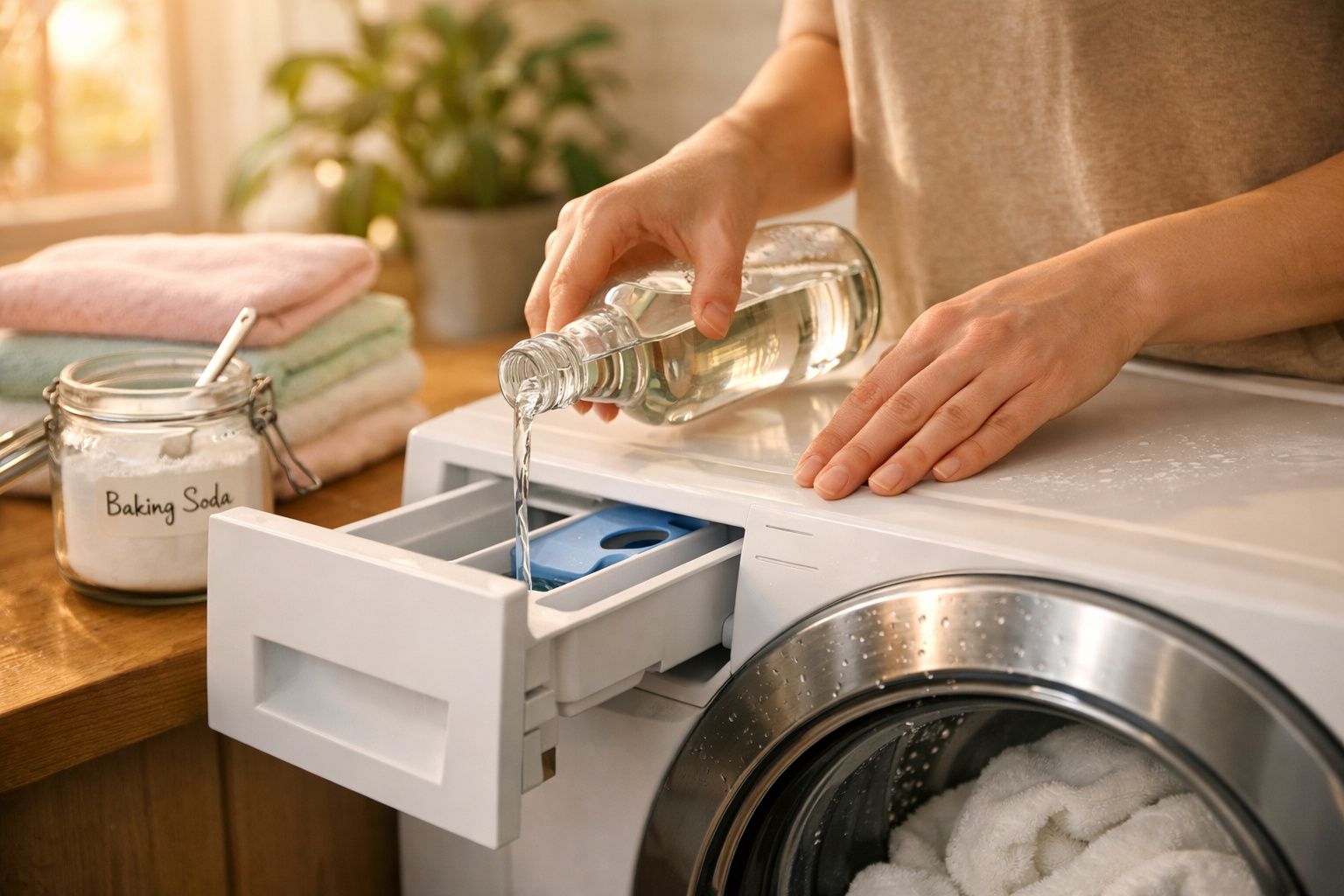 Pessoa a despejar vinagre branco no compartimento de detergente numa máquina de lavar roupa branca.