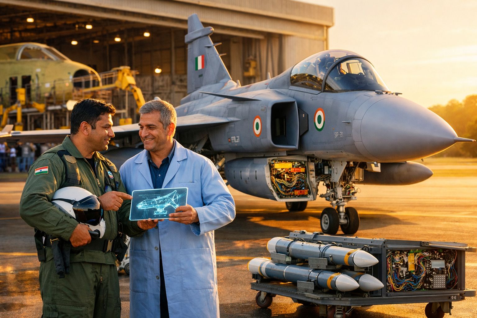 Militar e engenheiro discutem plano digital junto a caça militar e munições numa base aérea ao pôr do sol.