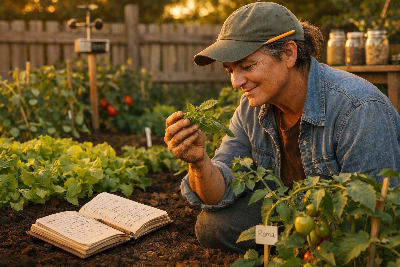 Pessoa sorridente a cheirar planta no jardim com caderno aberto e lápis atrás da orelha.