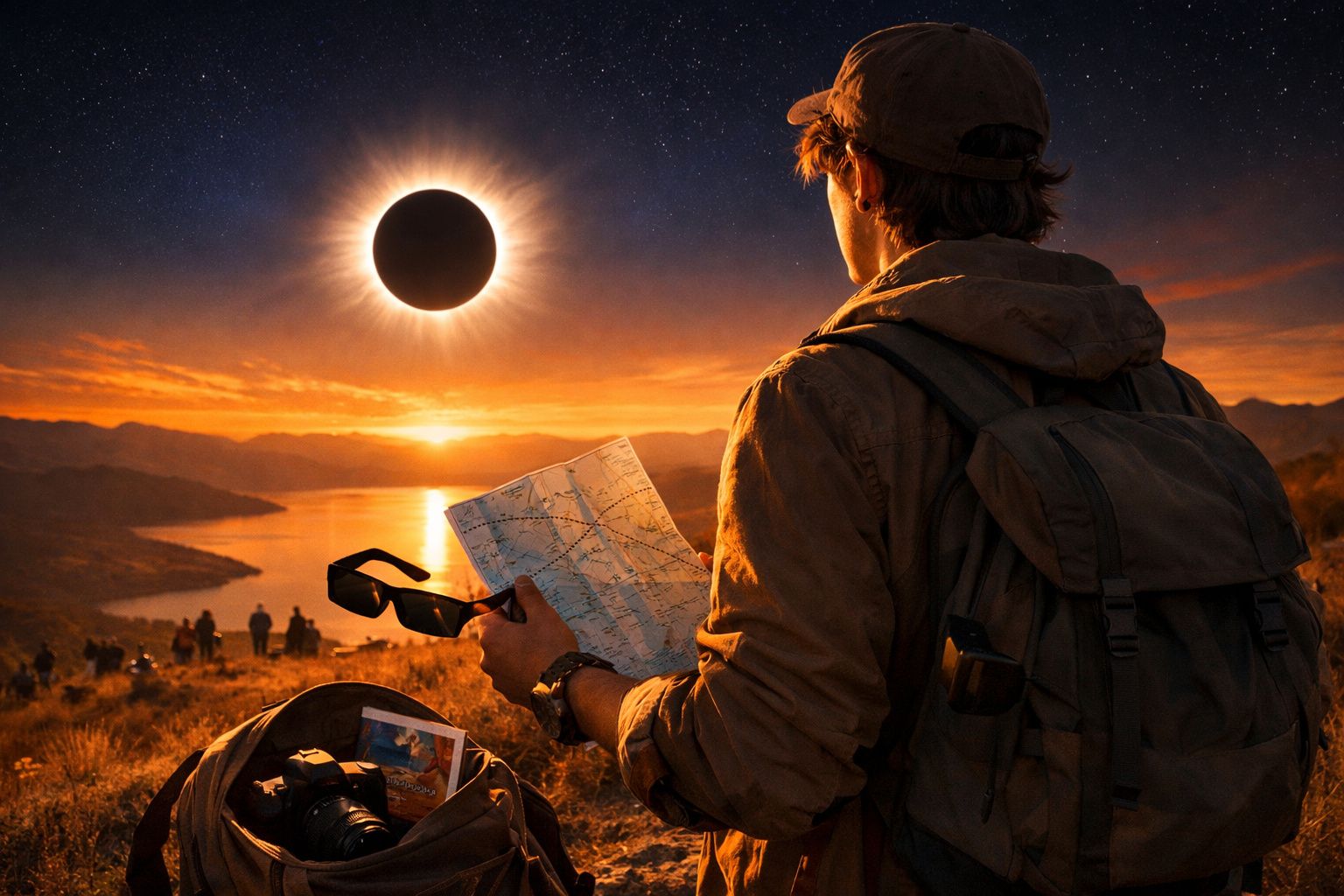 Pessoa com mochila observa eclipse total do sol ao pôr do sol, segurando um mapa, em paisagem montanhosa junto a um lago.