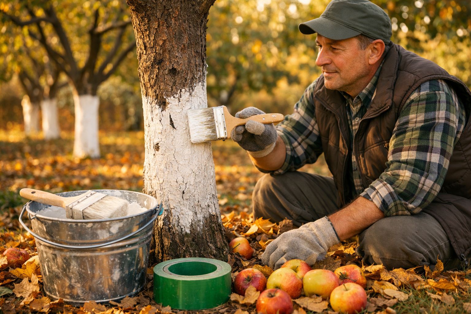 Homem pinta a base de uma árvore com tinta branca, rodeado de maçãs e folhas secas no outono.