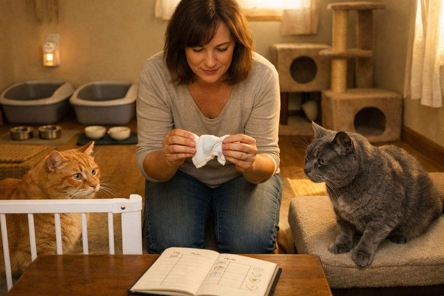 Mulher agachada com dois gatos, a segurar um brinquedo de pano numa sala acolhedora com acessórios para gatos.