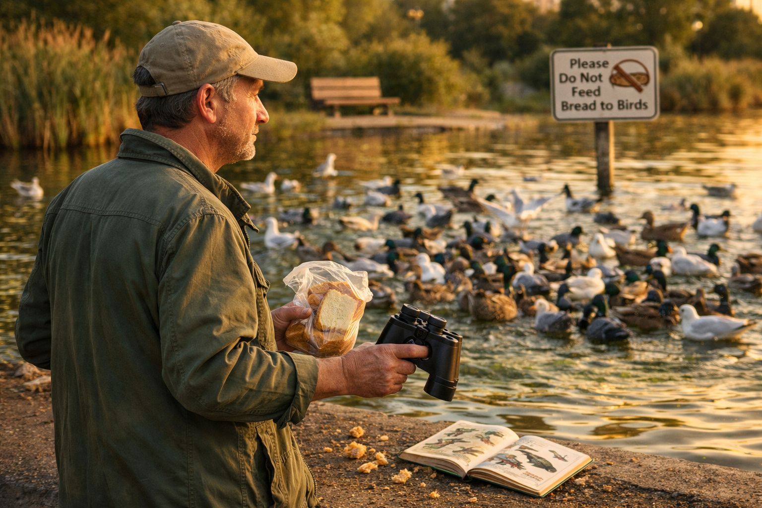 Homem de camisa verde observa patos num lago segurando pão e binóculos junto a placa a proibir alimentá-los.