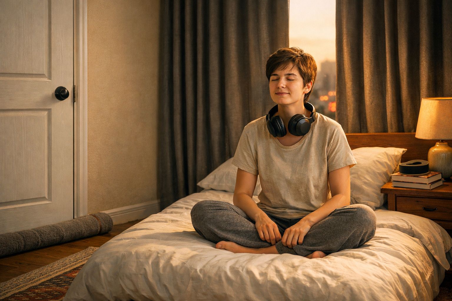 Pessoa sentada em posição de lótus na cama, com auscultadores no pescoço e olhos fechados a relaxar.