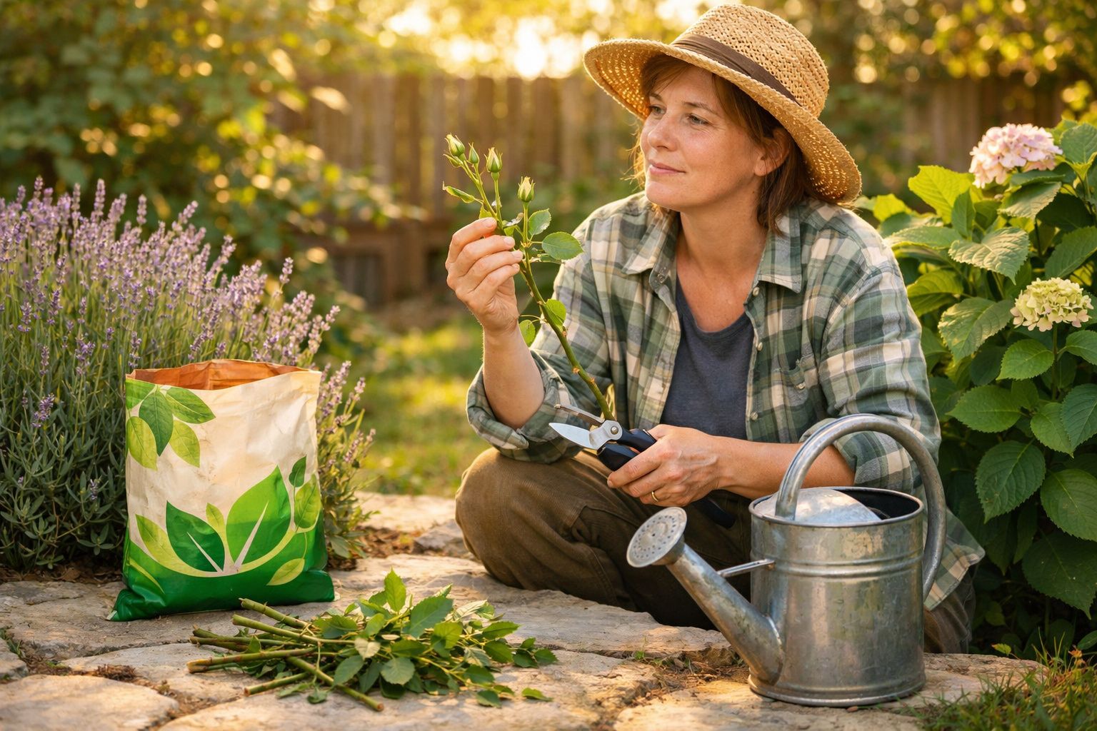 Mulher a podar plantas num jardim, com regador de metal e sacos de resíduos vegetais ao lado.