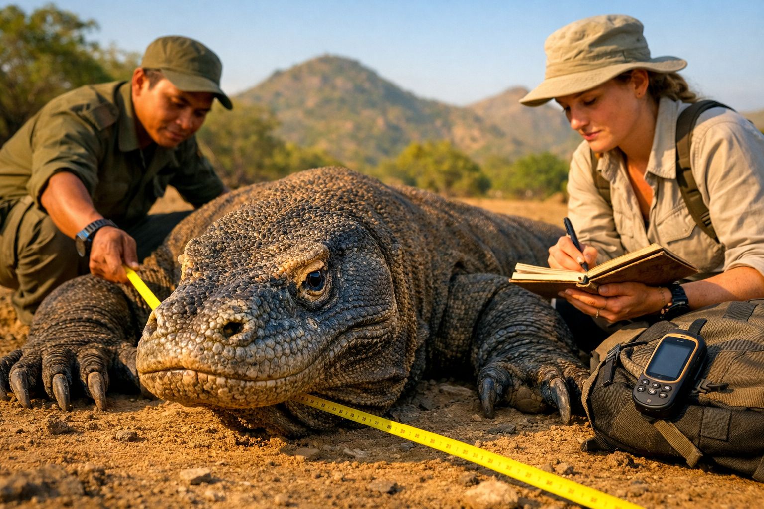 Cientistas a medir um dragão-de-komodo no solo com montanhas desfocadas ao fundo.