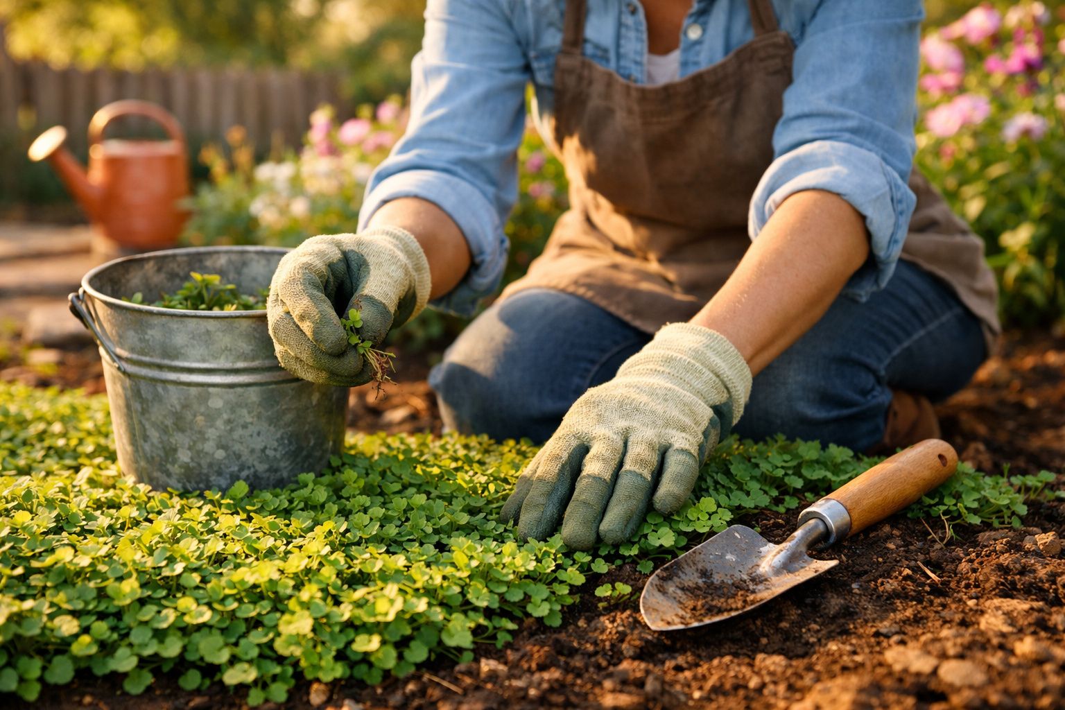 Pessoa a arrancar ervas daninhas numa horta, com luvas e ferramentas de jardinagem ao lado.