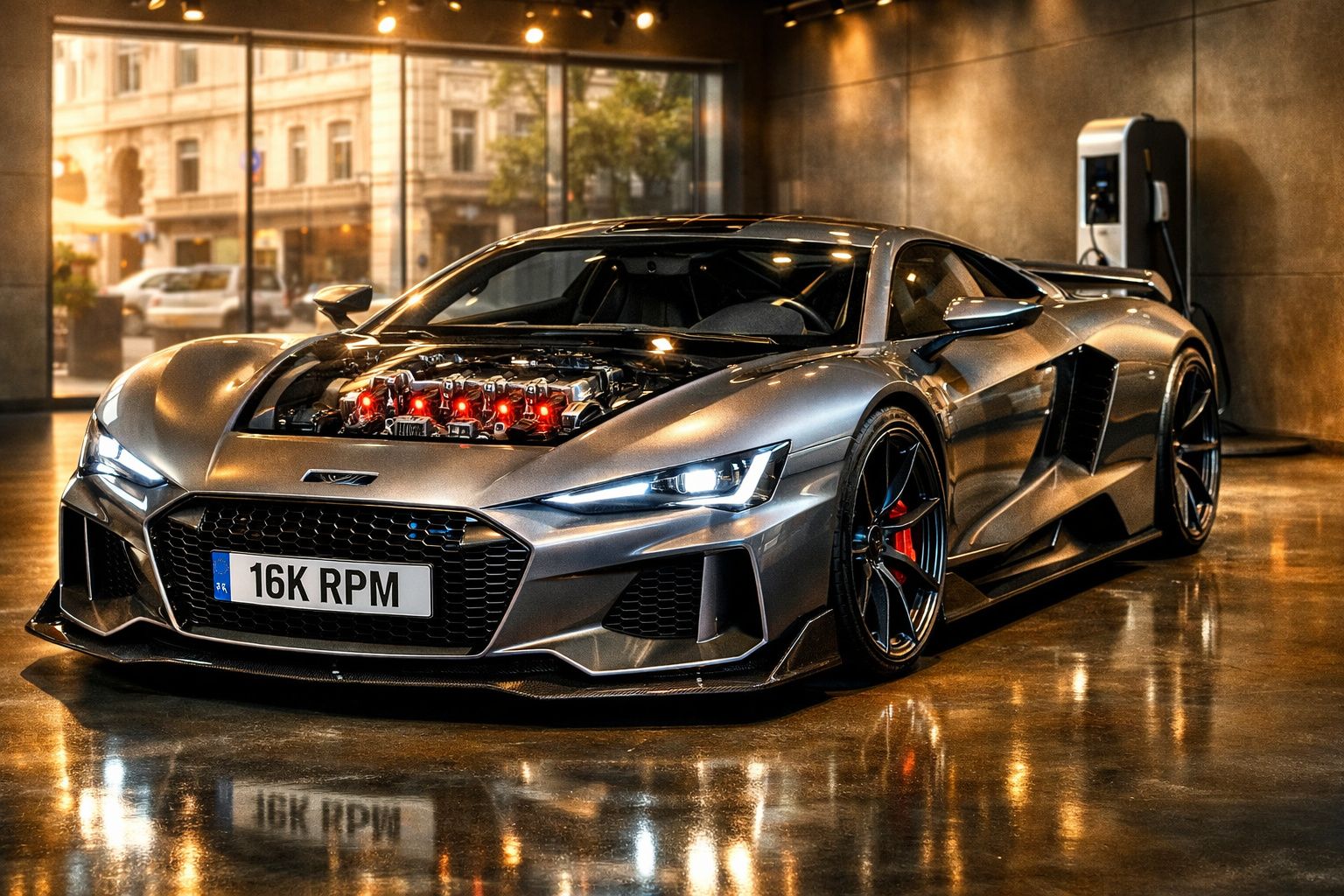 Carro desportivo cinza metálico com capô aberto revelando motor, estacionado em interior urbano moderno.