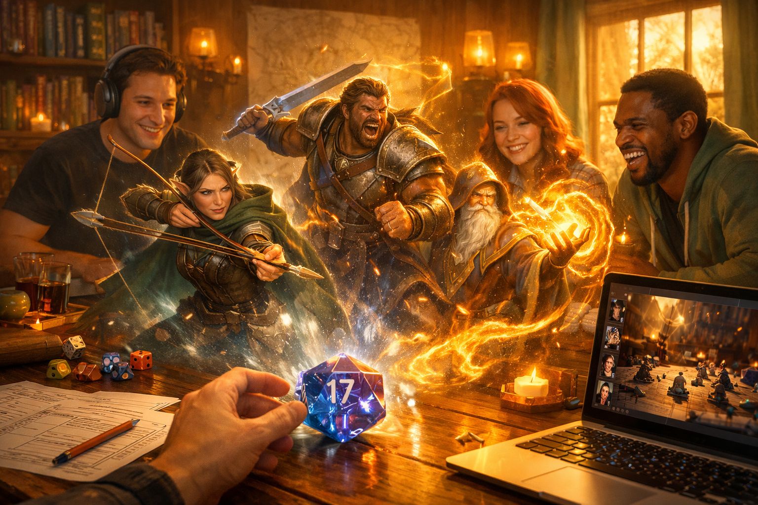 Grupo de pessoas a jogar jogo de tabuleiro de fantasia com personagens mágicos e dados na mesa.