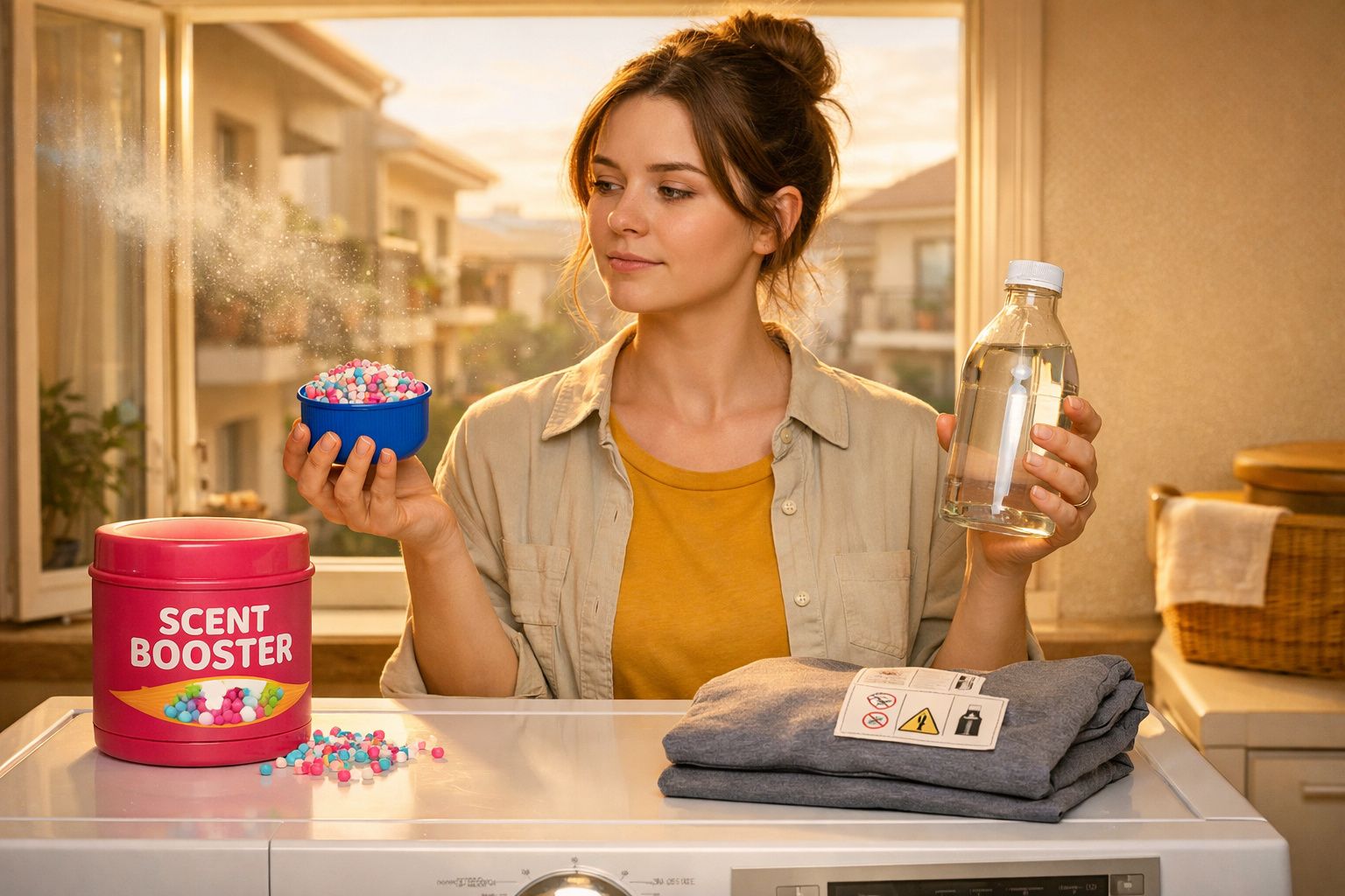 Mulher a segurar bolinhas coloridas e um frasco transparente, com roupa e saco de produto aromatizante na mesa.