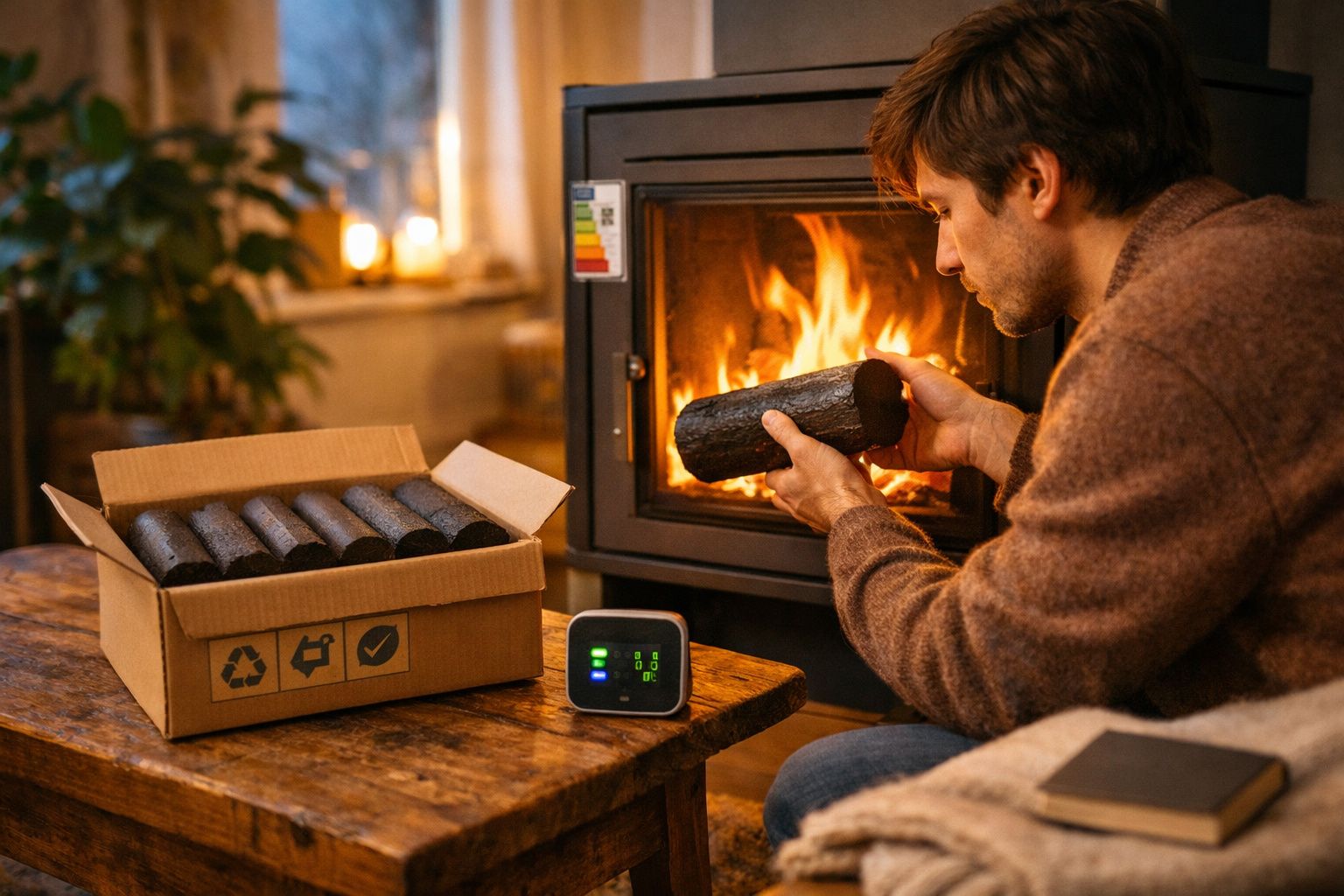 Homem a colocar briquete para lareira acesa numa sala aconchegante com controle digital na mesa.