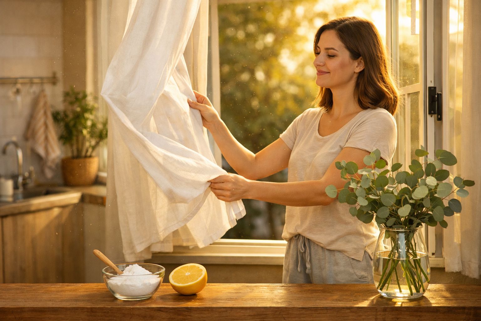 Mulher a lavar e sacudir uma cortina branca numa cozinha com luz natural ao final da tarde.