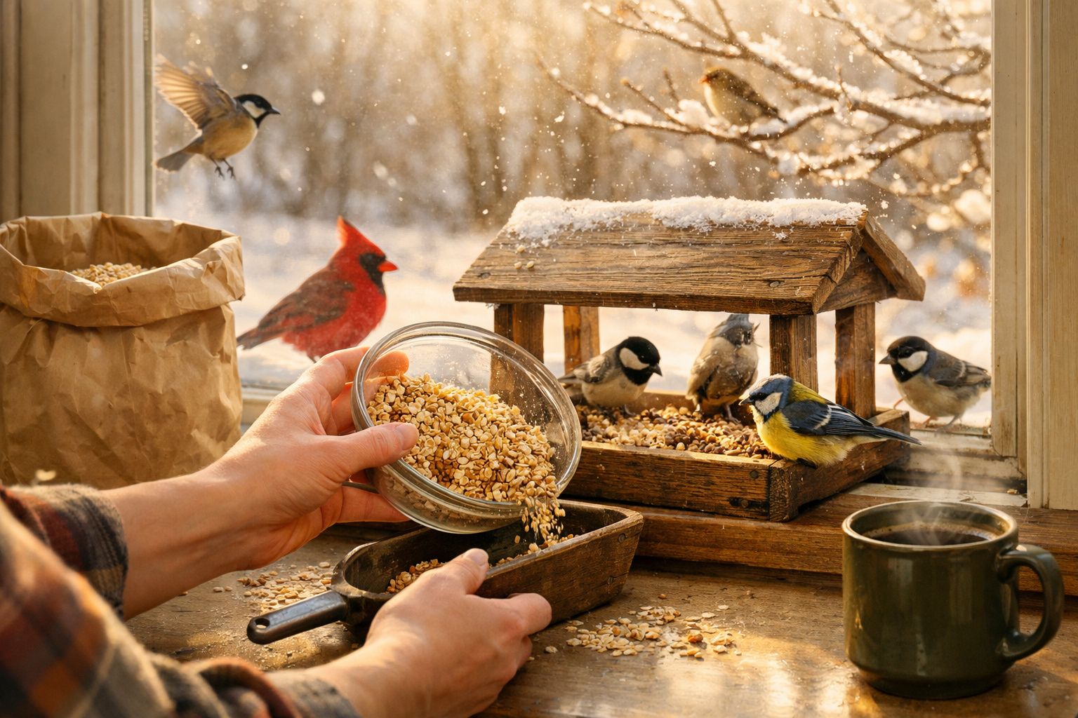 Pessoa a alimentar pássaros de inverno numa mesa junto a uma janela com neve e um café quente ao lado.