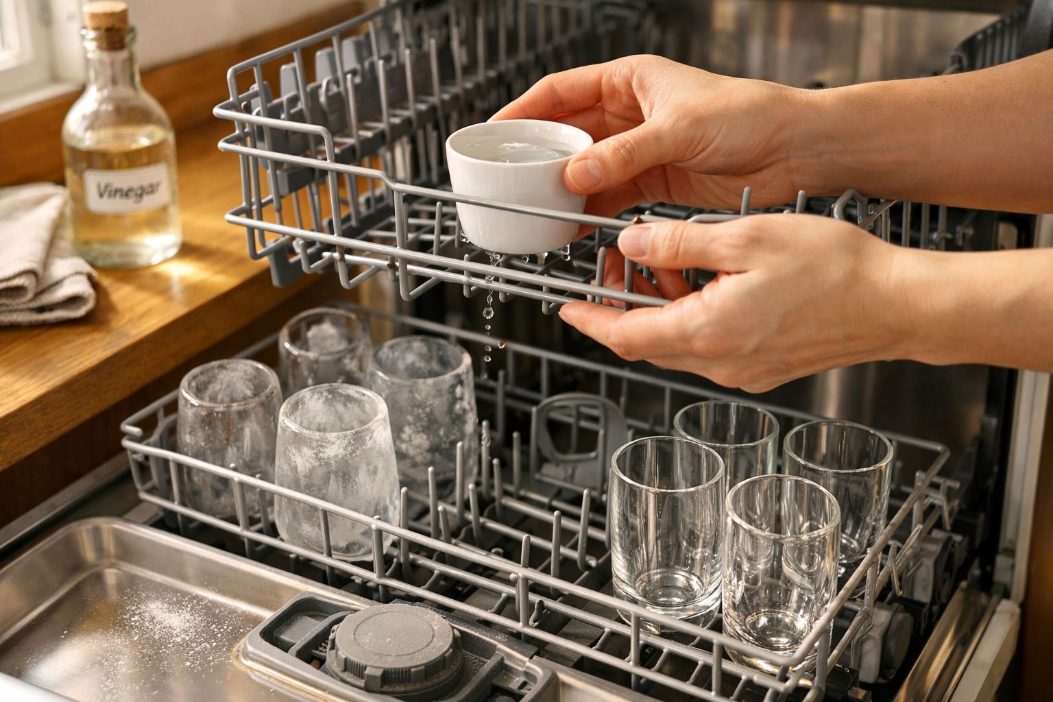 Mãos a retirar um copo pequeno molhado da máquina de lavar louça com copos molhados no interior.