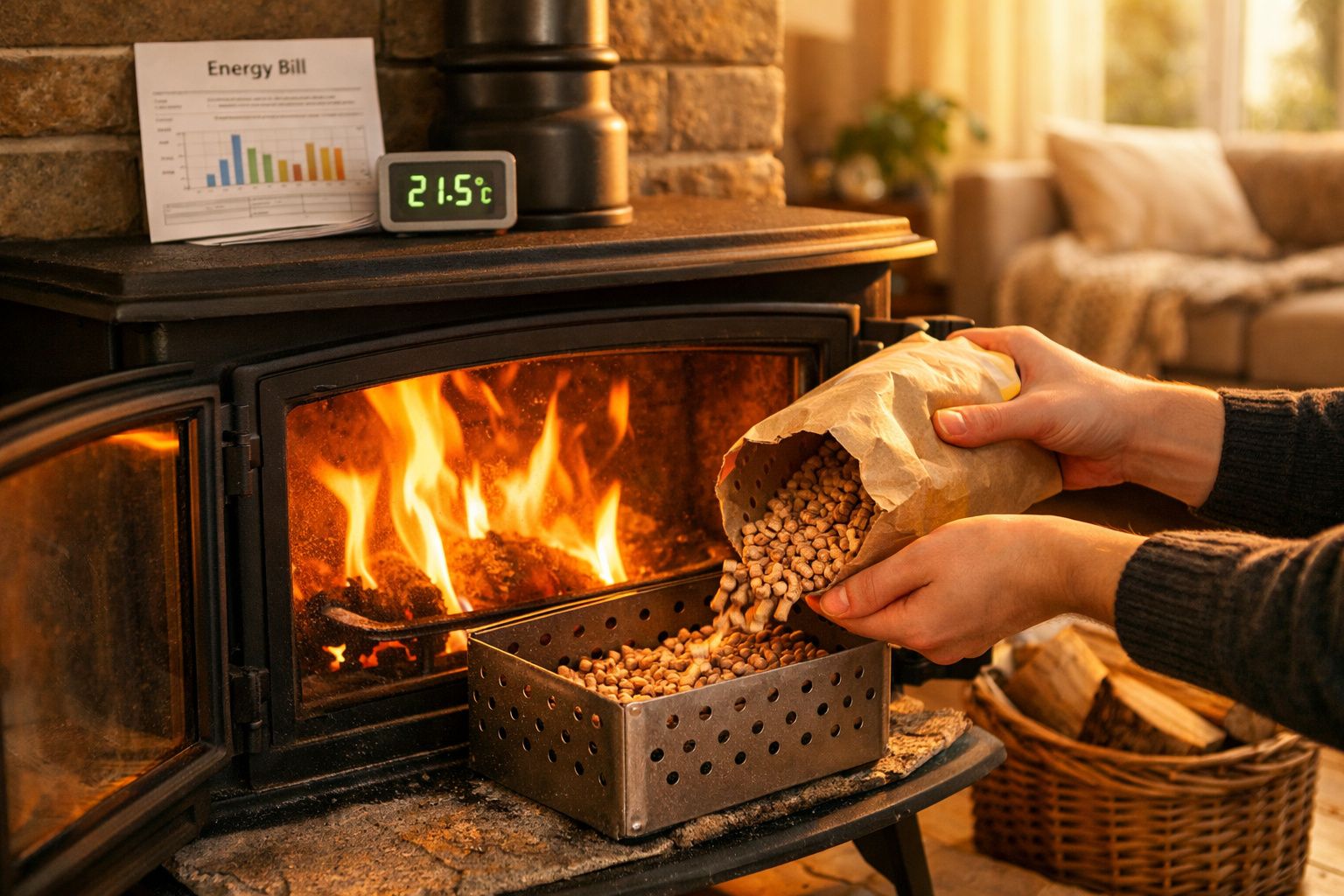 Pessoa a colocar pellets numa lareira a lenha com fogo aceso e um termómetro digital a mostrar 21.5°C.