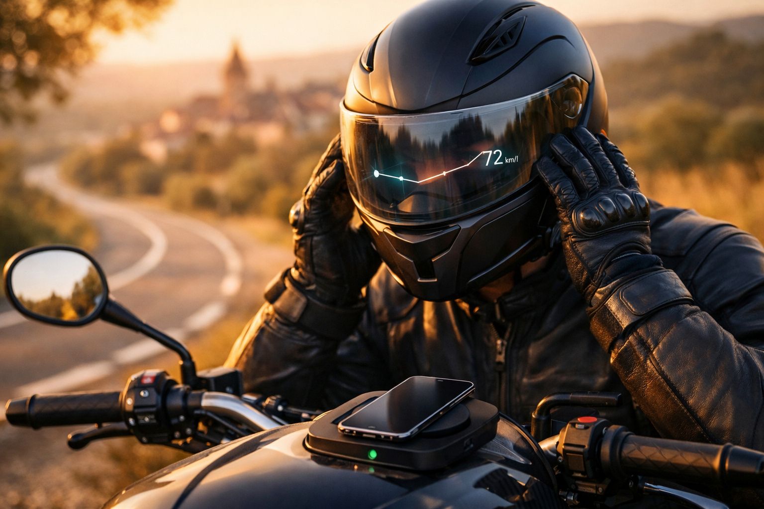 Motociclista com capacete preto ajustando-o, num estrada curva ao pôr do sol, com telemóvel na mota.