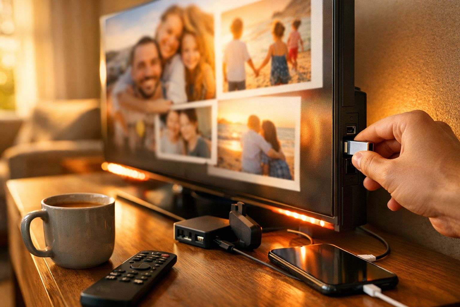 Pessoa a ligar pen USB à televisão que exibe fotos familiares, com chávena, comando e telemóvel na mesa.