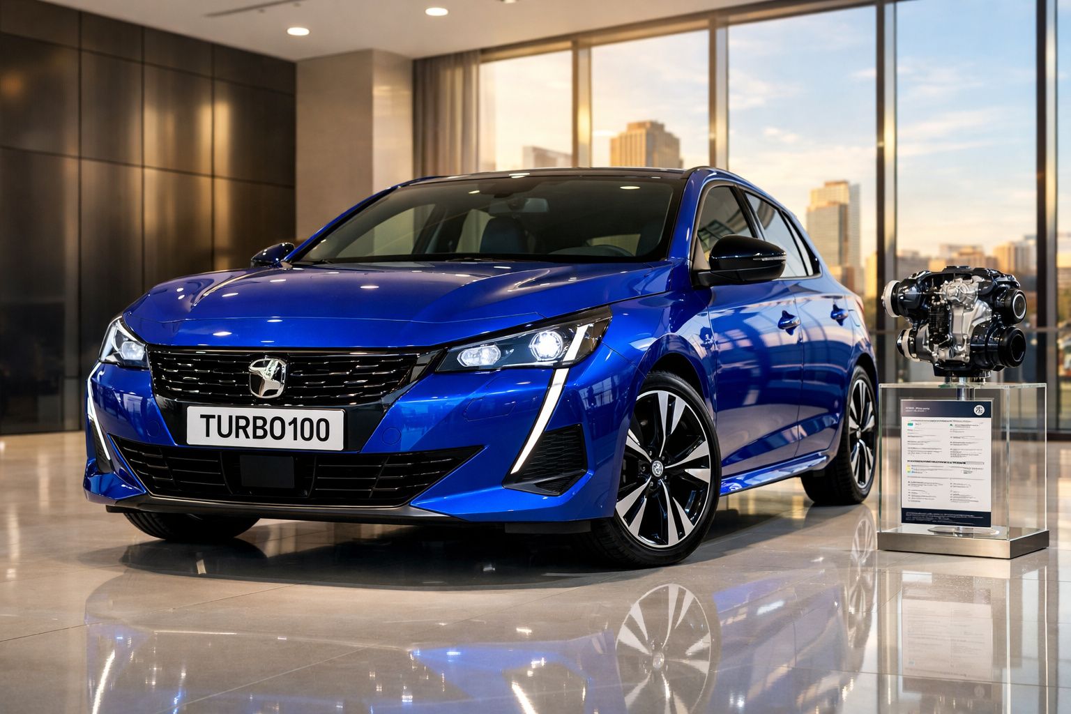 Carro desportivo azul brilhante com matrícula TURBO100 em exposição interior moderna com motor ao lado.