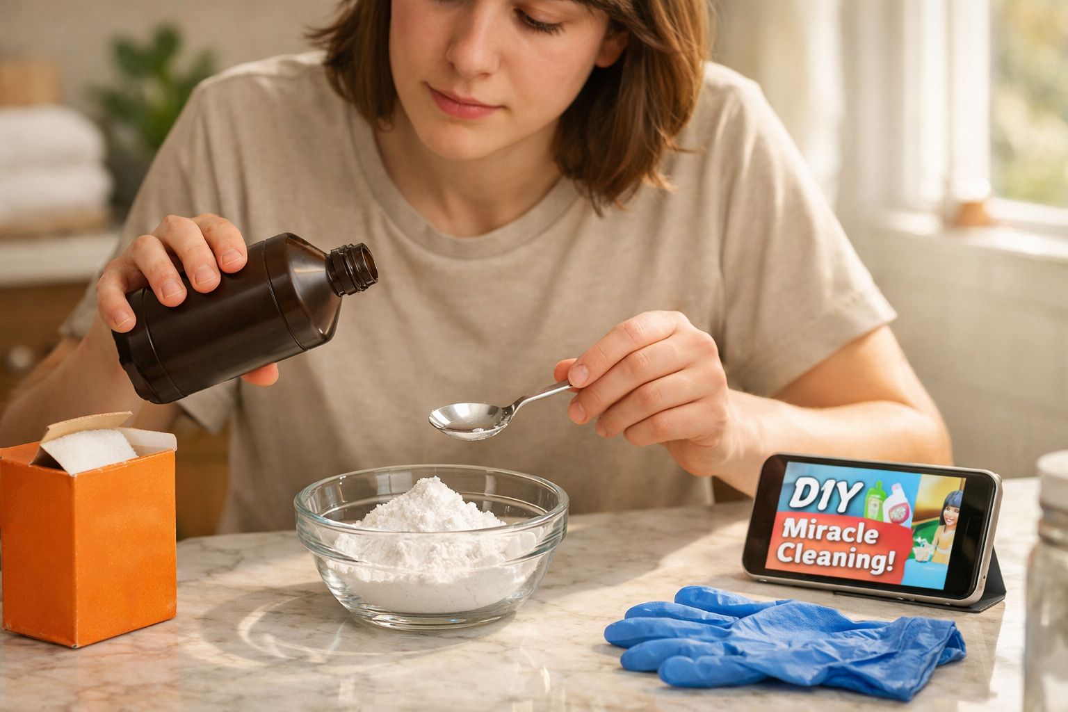 Pessoa a preparar mistura de limpeza caseira com ingredientes em pó e líquido numa colher, à frente de telemóvel com vídeo.