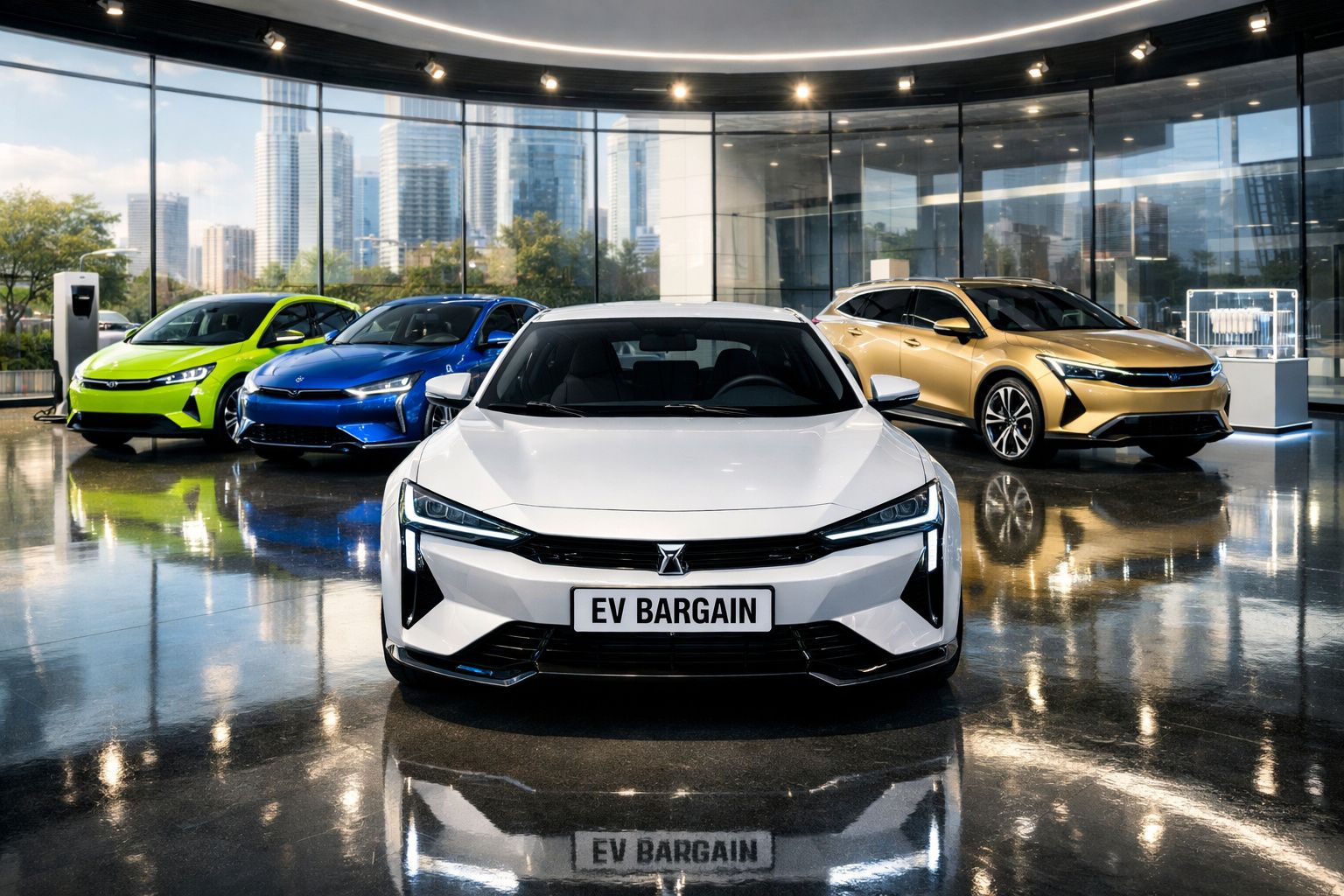 Quatro carros elétricos modernos em exposição numa sala com parede de vidro e vista para cidade.