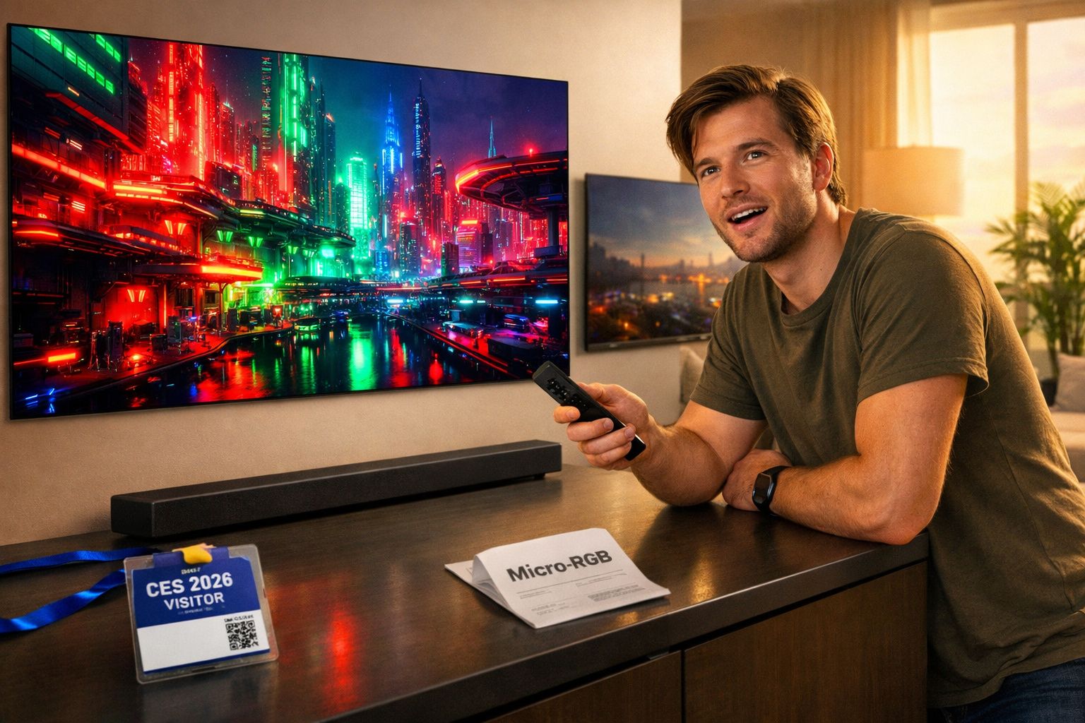 Homem sorridente segura comando à frente de TV que exibe cidade futurista colorida, em ambiente moderno.