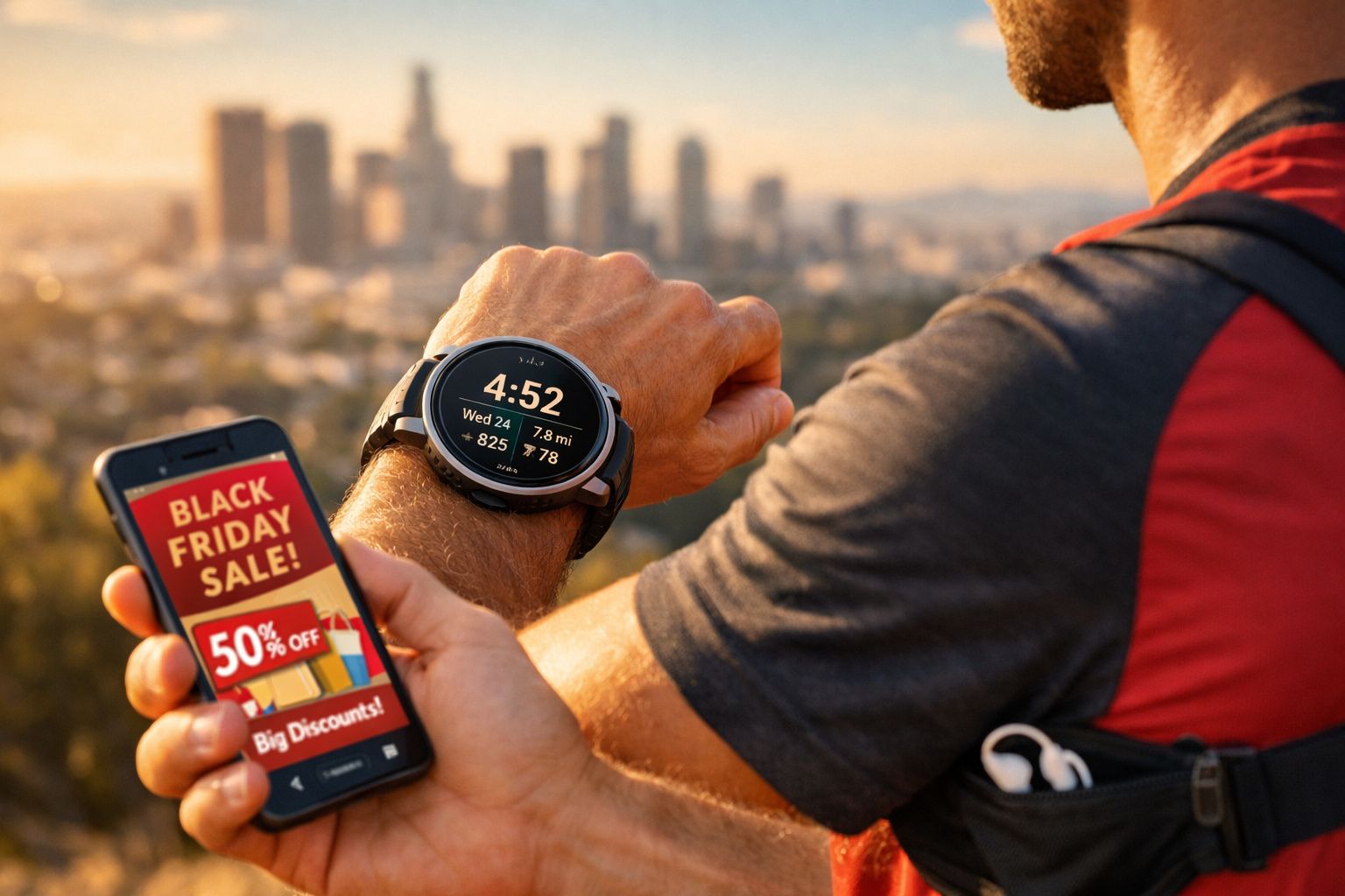 Pessoa a ver relógio inteligente com dados de exercício e telemóvel com anúncio de desconto Black Friday.