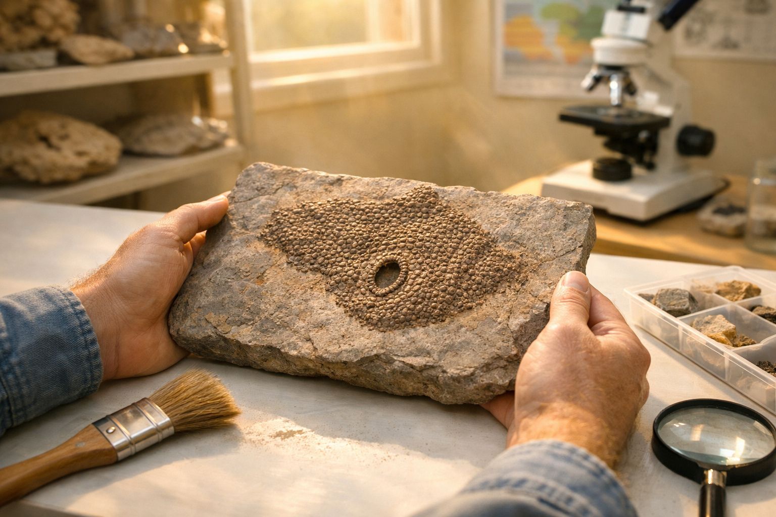 Mãos seguram fóssil com padrão circular em pedra num laboratório de paleontologia com lupa e microscópio ao fundo.