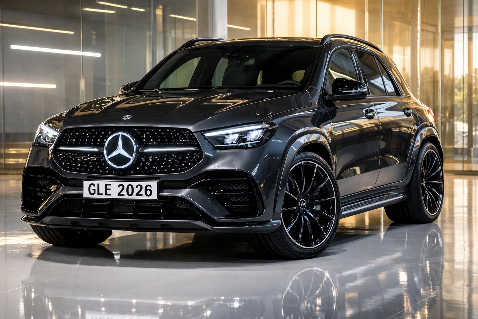 Carro Mercedes-Benz SUV cinzento metalizado, modelo GLE 2026, em salão com chão brilhante.