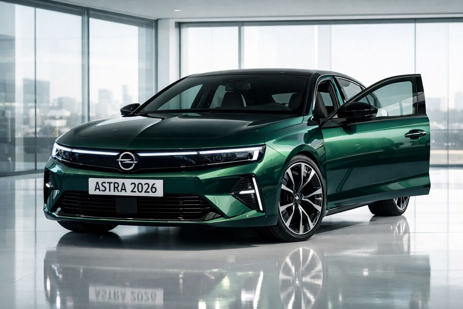Carro verde Opel Astra 2026 estacionado em interior moderno, porta dianteira direita aberta.
